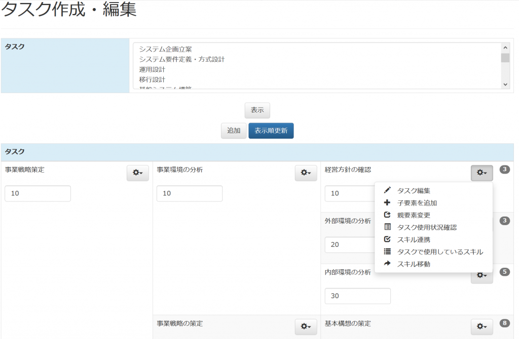 スキルナビでのマスタ管理機能：タスク作成・編集画面