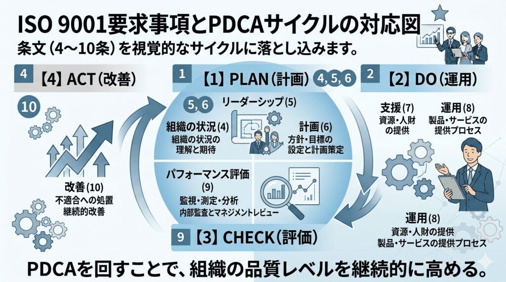 ISO 9001のPDCAと要求事項の対応図