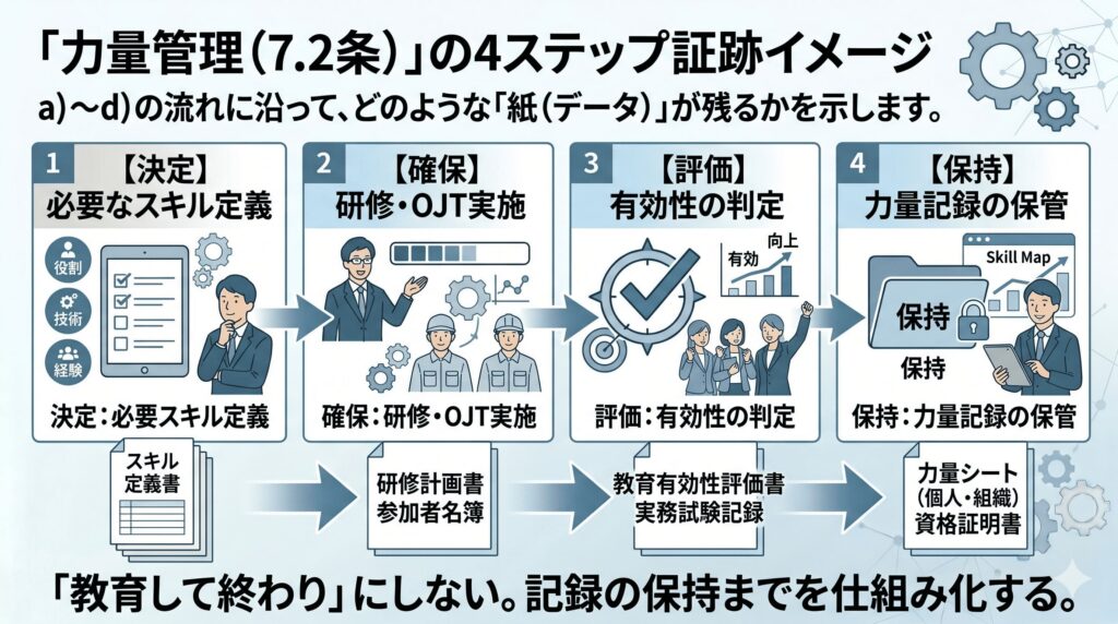 力量管理(7.2条)の4ステップ証跡イメージ