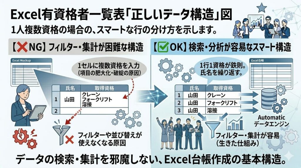 Excel有資格者一覧「正しいデータ構造」の図