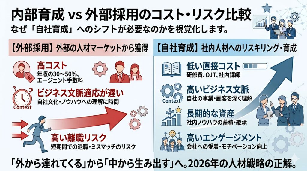 内部育成 vs 外部採用のコスト・リスク比較]