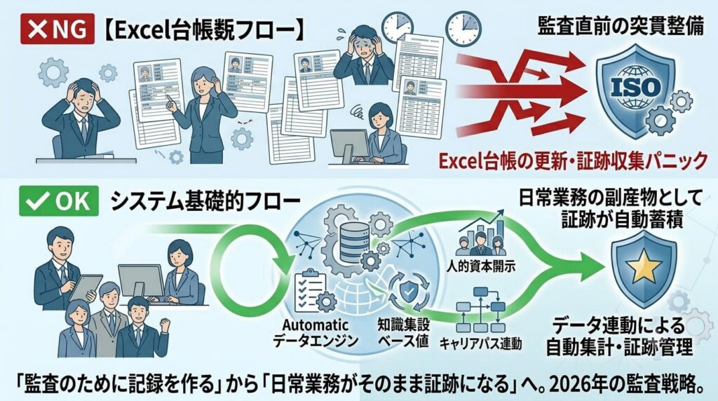 「Excel運用の『負の連鎖』とシステムによる『自動化』の対比図」